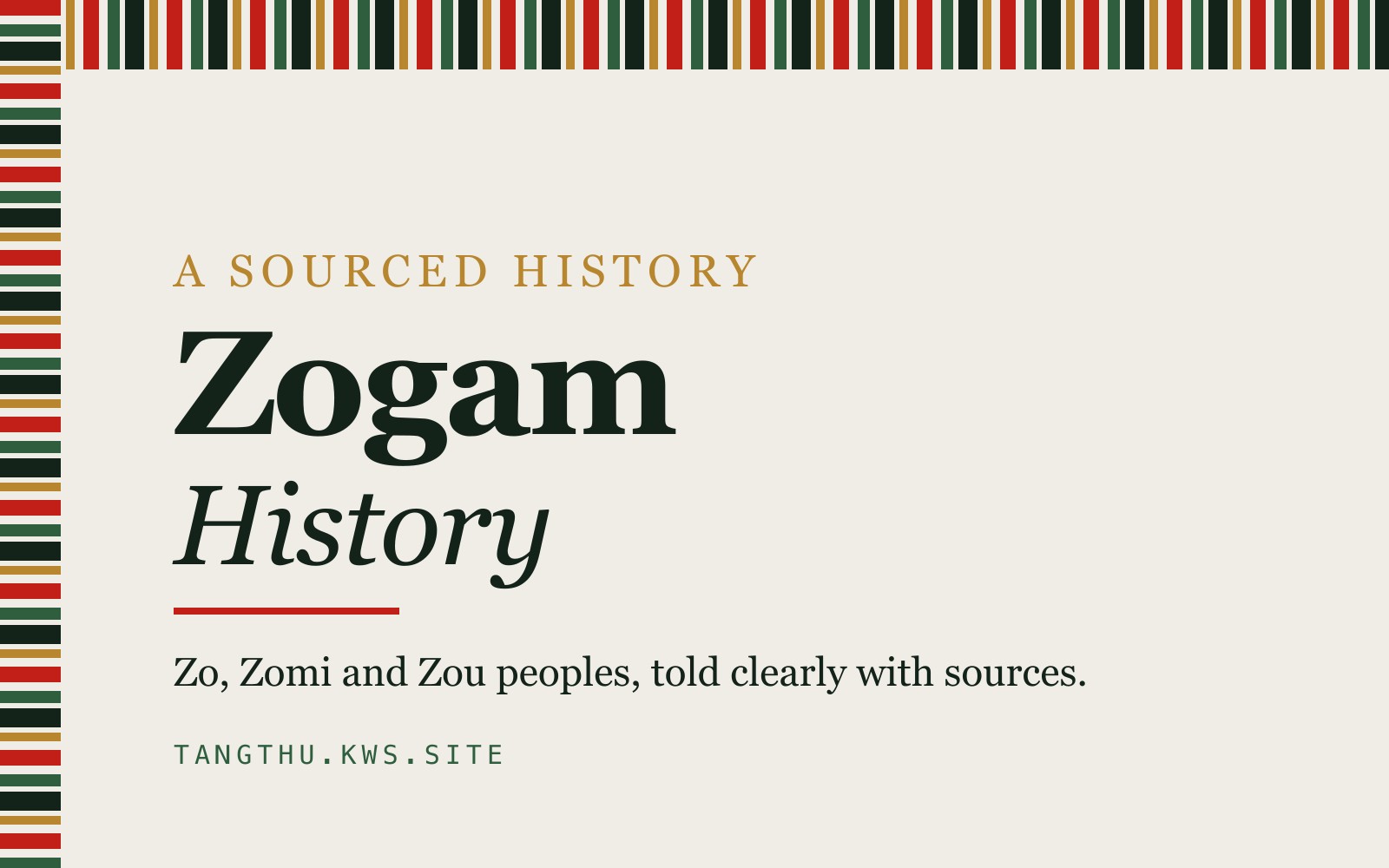Zogam History card with woven-cloth stripes and the title Zogam History